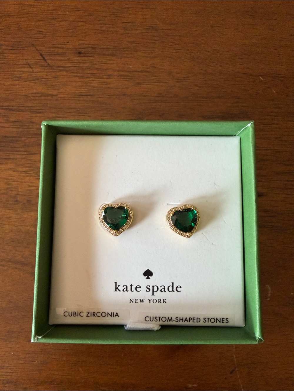 kate spade green heart stud earrings with gold-tone halo